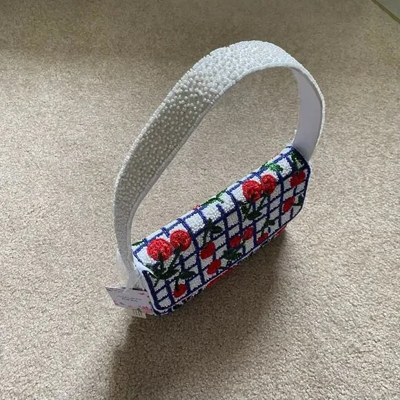 Viral Cherry Beaded Shoulder Bag NWT Navy White Red Green Summer Purse Vacation - Picture 3 of 12